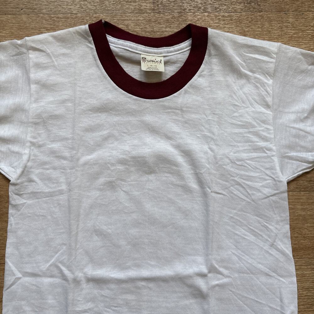 Deadstock 70s 80s Mayo Spruce Ringer T Shirt 50/50 Youth L White Maroon Blank